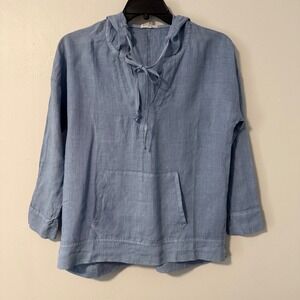 Allen Allen Women's Blue 100% Linen Hooded Pullover Casual Top Hoodie Size S